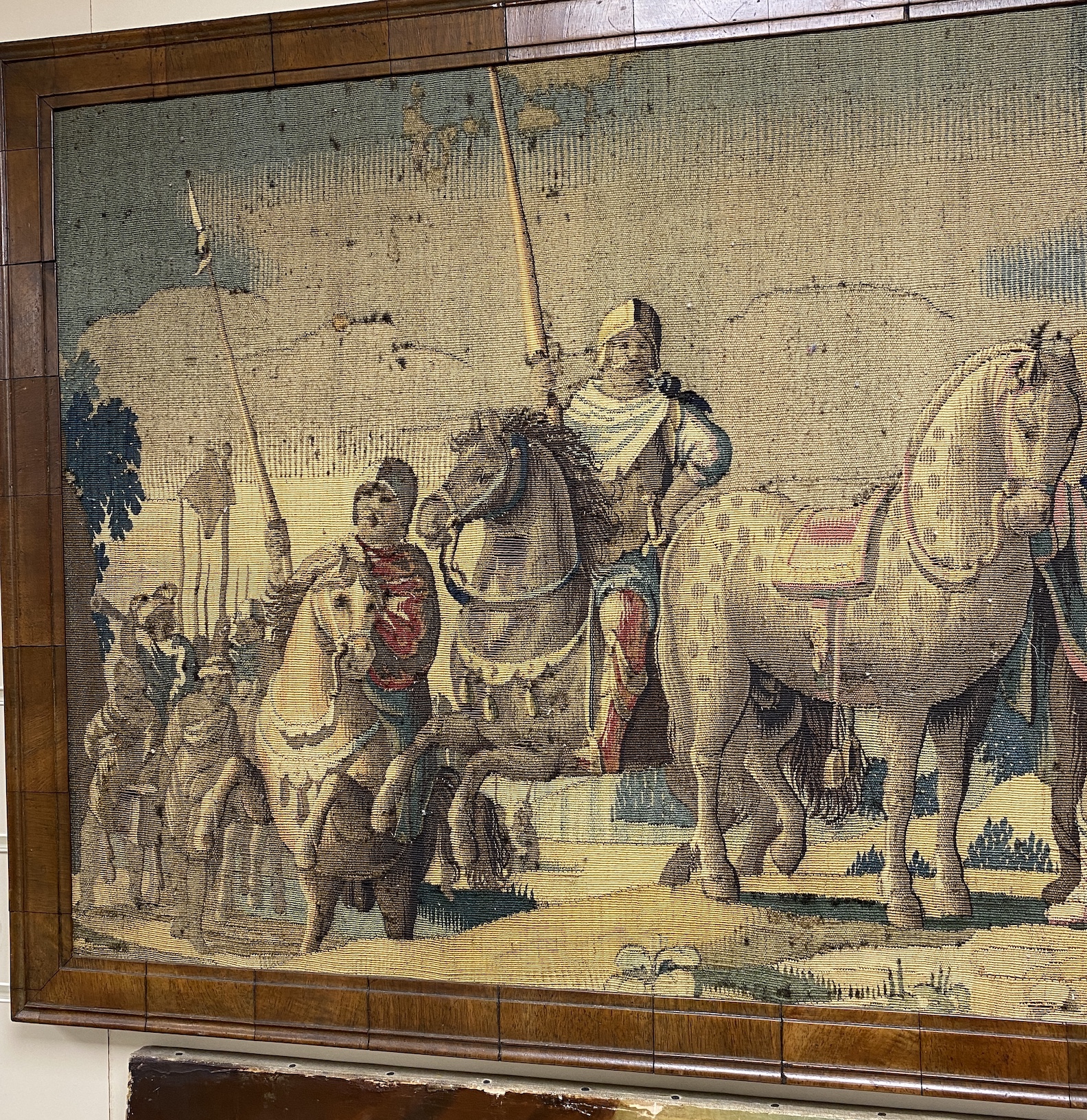 A Victorian tapestry picture depicting Crusader Knights receiving a blessing from a clerical figure, NB: From the Estate of Rt Hon Lord Lawson of Blaby